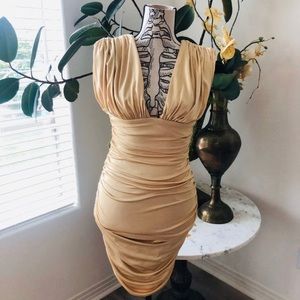 Bebe light gold ruched plunging bodycon dress